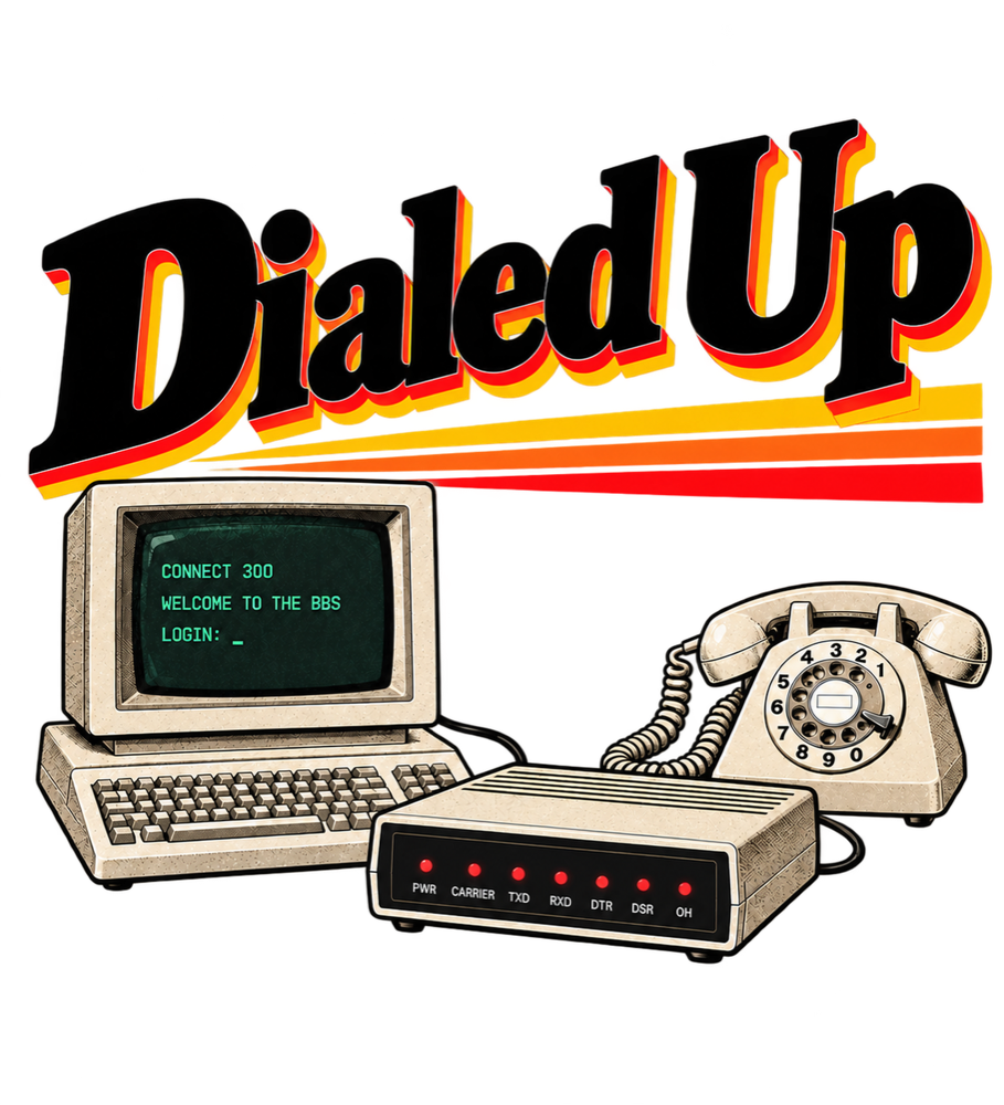 Dialed Up artwork featuring a vintage computer connected to a BBS, a modem, and a rotary telephone.